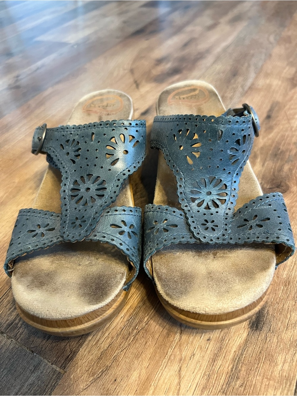 Dansko Blue Laser-Cut Floral Slide Sandals